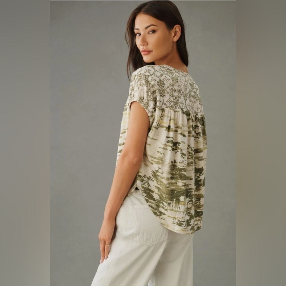 Pilcro Anthropologie Green Cream Ruched Henley Patterned Tshirt Size XXS - Picture 5 of 14